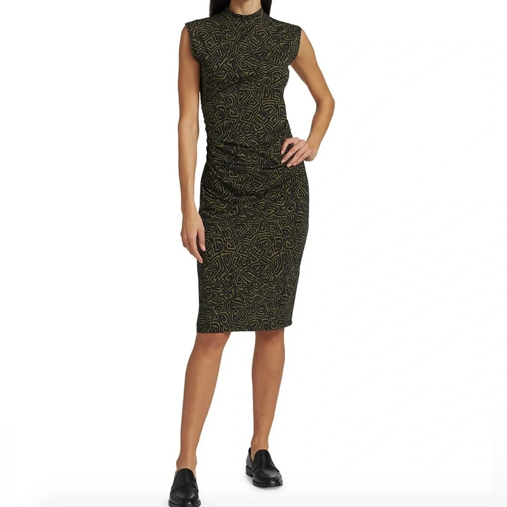 Proenza Schouler Green Black Abstract Stretch Bodycon Dress Mock Neck - Picture 2 of 14